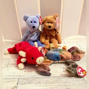 Retired Ty Beanie Babies Lot (4): Clubby ll, Fuzz, RARE Snort, RARE Claude